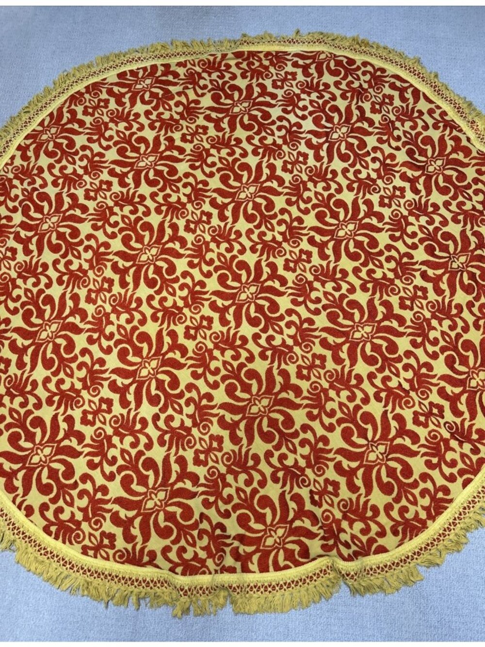 Vintage Round Tapestry Tablecloth Throw Area Rug Fringe Orange Yellow